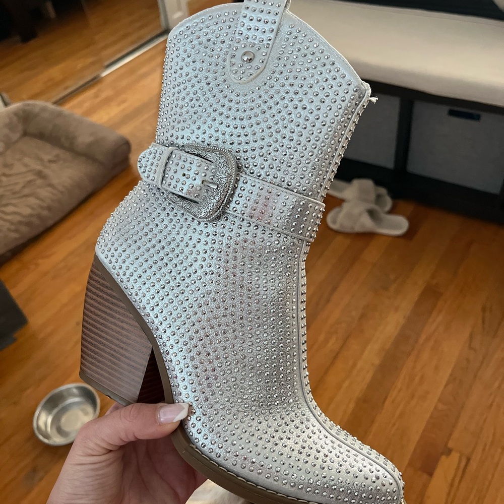 DSW Silver Heeled Boots with Rhinestone Embellishments